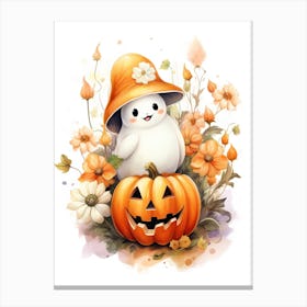 Cute Ghost With Pumpkins Halloween Watercolour 52 Canvas Print