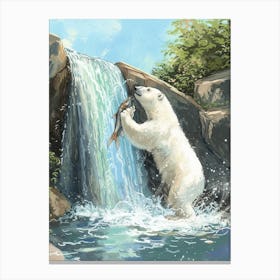 Polar Bear Catching Fish In A Waterfall Storybook Illustration 2 Canvas Print