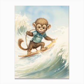 Monkey Painting Surfing Watercolour 1 Canvas Print
