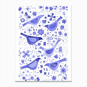 Birds In Wildflowers Blue Watercolor Canvas Print