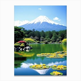 Waterfront Landscape Showcasing A Tranquil Mountain Reflected In A Clear Lake Full Bloom Water Lili 2 Canvas Print