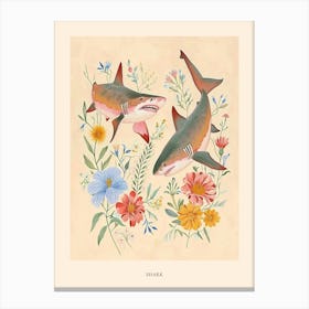 Folksy Floral Animal Drawing Shark 2 Poster Canvas Print