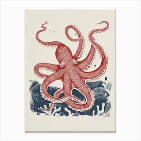 Red & Blue Simple Linocut Style Octopus 4 Canvas Print