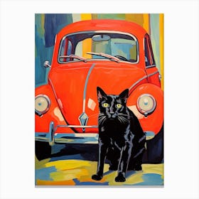 Volkswagen Beetle Vintage Car With A Cat, Matisse Style Painting 0 Canvas Print