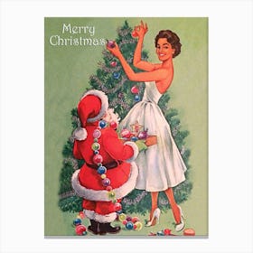 Short Santa Claus Is Helping Tall Beautiful Woman To Decorate A Christmas Tree Canvas Print