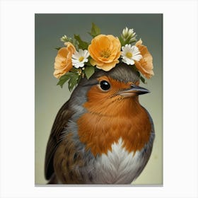 Bird With A Flower Crown European Robin Art Print 5 Canvas Print