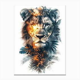 Double Exposure Realistic Lion With Jungle 15 Canvas Print