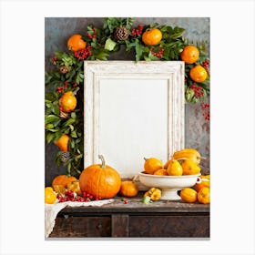 A Captivating Autumnal Scene Showcasing Ripe Oranges And Vibrant Pumpkins Resting On A Rustic Table (2) Canvas Print