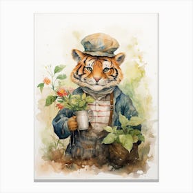 Tiger Illustration Gardening Watercolour 3 Canvas Print
