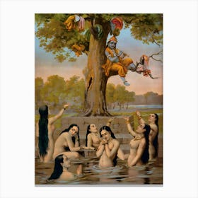 Krishna sitting in a tree with all the gopis clothes while they naked in the water, 1 Canvas Print