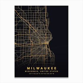 Milwaukee Wisconsin USA Black And Gold Map Canvas Print