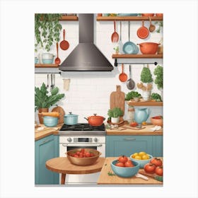 Kitchen With Pots And Pans Illustration Canvas Print