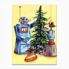 Robots Decorating Christmas Tree Canvas Print