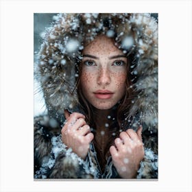 Macro Portrait Freckled Woman Clad In Snowy Fur Jacket Intricate Snowflake Patterns On Jacket Surf Canvas Print