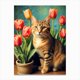 Cat With Tulips Canvas Print