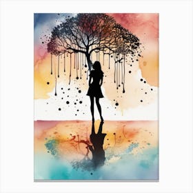 Silhouette Of A Woman Under A Tree Watercolor splash Canvas Print