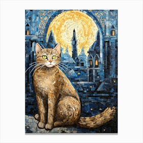 Mosaic Cat At Night With A Medieval City In The Distance Canvas Print