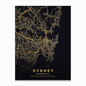 Sydney Australia Black And Gold Map Canvas Print