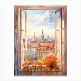 Window View Of Munich Germany In Autumn Fall, Watercolour 4 Canvas Print
