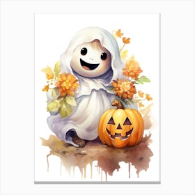 Cute Ghost With Pumpkins Halloween Watercolour 102 Canvas Print