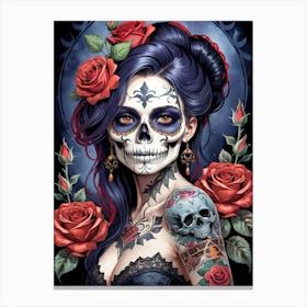 Sugar Skull Girl With Roses Painting (19) Canvas Print