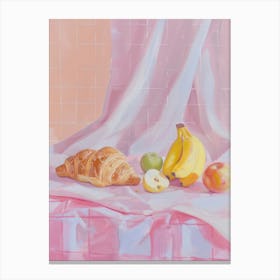 Pink Breakfast Food Bread, Croissants And Fruits 4 Canvas Print