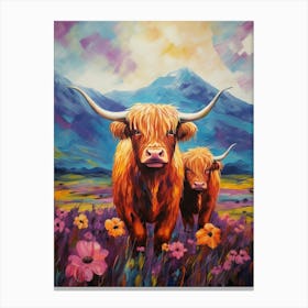 Colourful Floral Highland Cows Impressionism Style Canvas Print