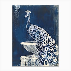 Navy Blue Linocut Inspired Peacock In A Fountain 2 Canvas Print