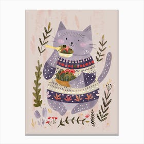 Cute Cat Eating Salad Folk Illustration 2 Canvas Print