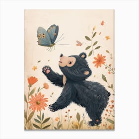 Sloth Bear Cub Chasing After A Butterfly Storybook Illustration 4 Canvas Print