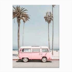 Pink Vw Bus At The Beach Canvas Print
