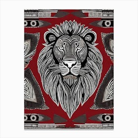 African Quilting Inspired Art of Lion Folk Art, Poetic Red, Black and white Art, 1216 Canvas Print