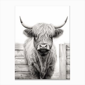Black & White Illustration Of Highland Cow In Front Of Wooden Fence Canvas Print