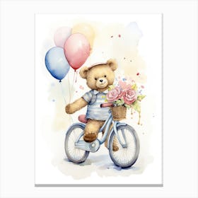 Bicycling Teddy Bear Painting Watercolour 2 Canvas Print