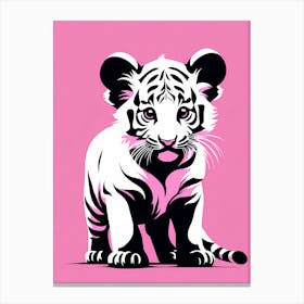 Playful Tiger Cub On Solid pink Background, modern animal art, baby tiger 1 Canvas Print