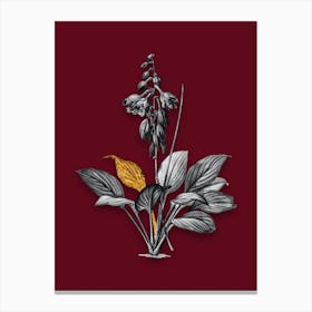 Vintage Daylily Black and White Gold Leaf Floral Art on Burgundy Red Canvas Print