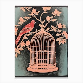Linocut Pink Birdcage Canvas Print