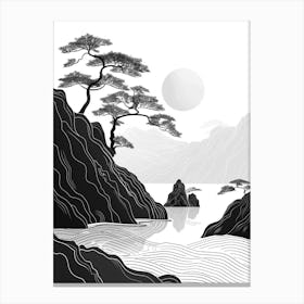 Chinese Landscape, Linear, Woodcut Style, Black And White, Flat, Chinese Culture Inspired, Minimalism, Abstract Outlines, Elegant Layout Canvas Print