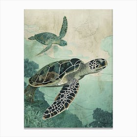 Two Turtles Exploring The Ocean Vintage Illustration Canvas Print