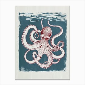 Octopus Swimming Around With Tentacles Red Navy Linocut Inspired 6 Canvas Print