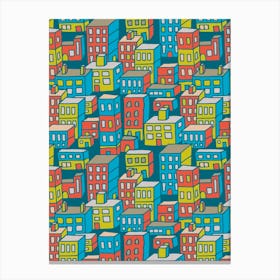 DOWNTOWN Urban City Architecture Line Drawing Buildings Highrises Skyscrapers in Bright Vintage Retro Colours Red Yellow Blue Teal Gray Canvas Print