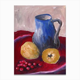 Quinces And A Blue Jug - painting still life vertical blue yellow Anton Maliar kitchen Canvas Print