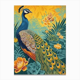 Blue Mustard Peacock With Tropical Flowers Linocut Inspired 1 Canvas Print