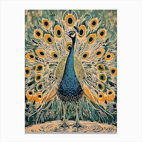 Blue Mustard Peacock Linocut Inspired 2 Canvas Print