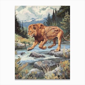 Barbary Lion Relief Illustration Crossing A River 2 Canvas Print