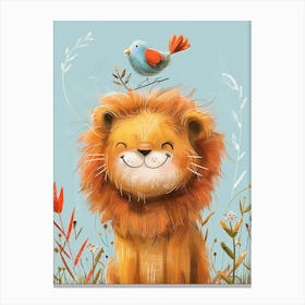 Small Joyful Lion With A Bird On Its Head 25 Canvas Print