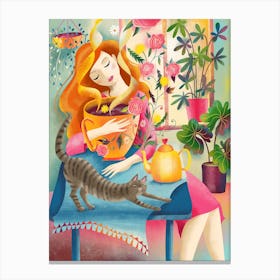 Morning Tea And Cat Stretch Canvas Print