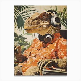 Retro Collage Dinosaur Listening To Music With Headphones 1 Canvas Print