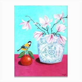 Magnolia And Mandarin Orange With Bird Canvas Print