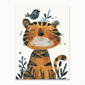 Small Joyful Tiger With A Bird On Its Head 15 Canvas Print